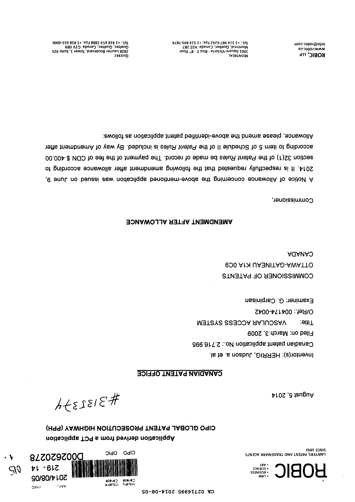Document de brevet canadien 2716995. Poursuite-Amendment 20131205. Image 1 de 6