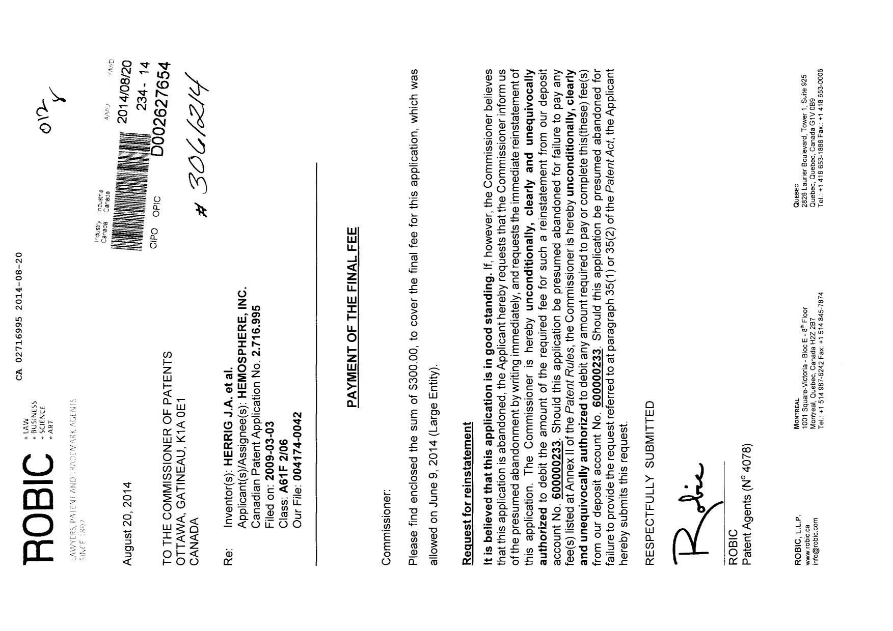 Canadian Patent Document 2716995. Correspondence 20131220. Image 1 of 2