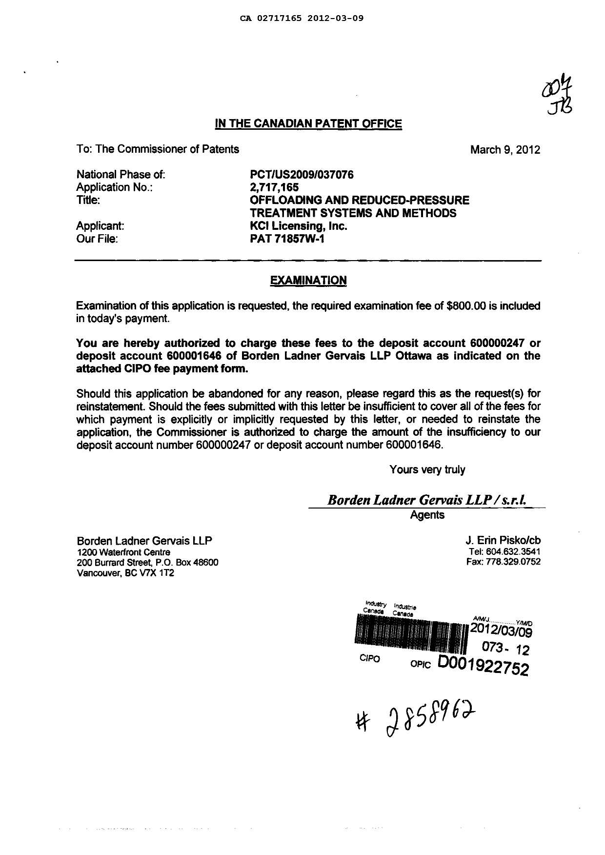 Document de brevet canadien 2717165. Poursuite-Amendment 20120309. Image 1 de 1