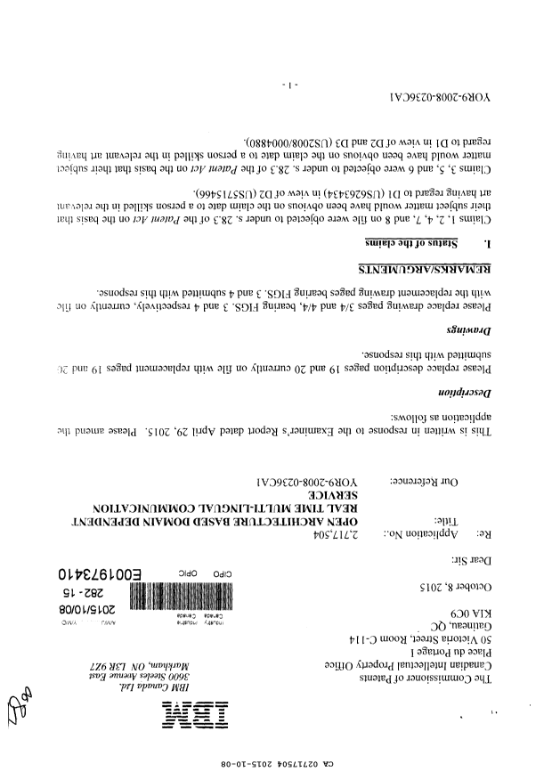 Canadian Patent Document 2717504. Amendment 20151008. Image 1 of 8