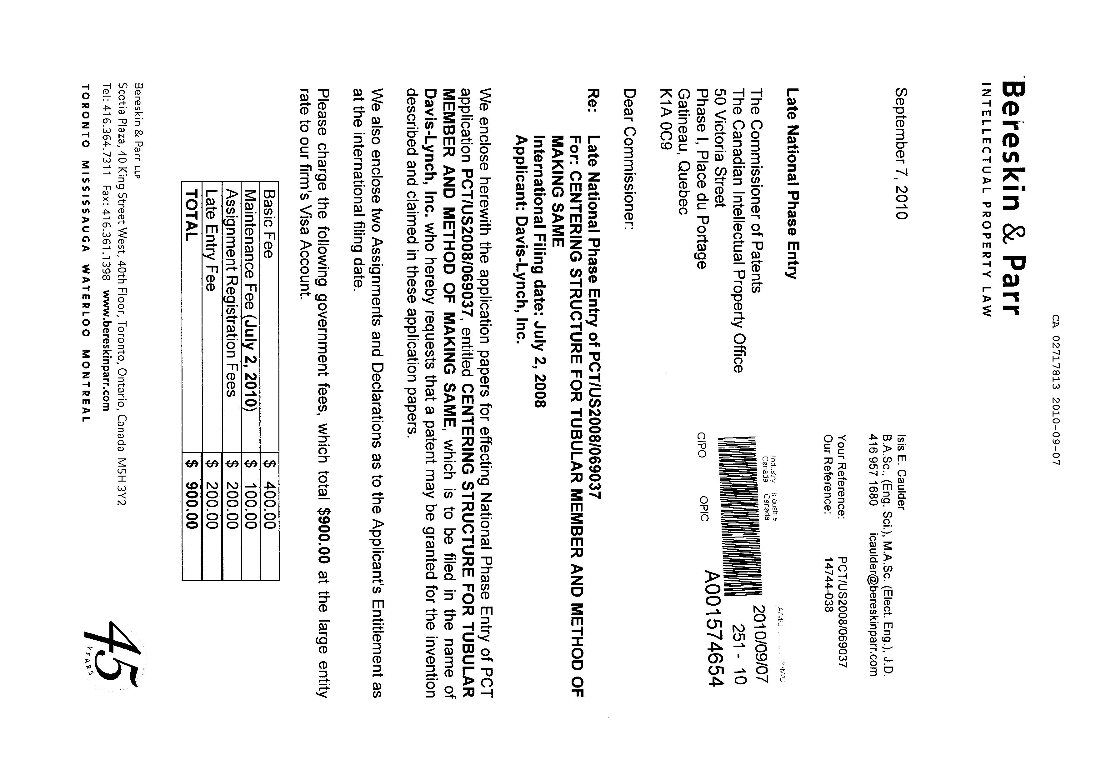 Canadian Patent Document 2717813. Assignment 20100907. Image 1 of 26
