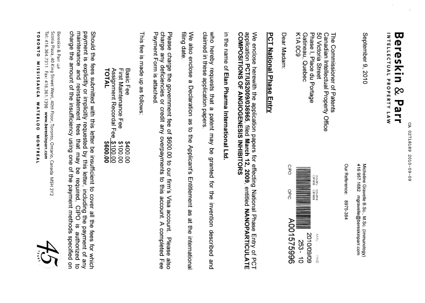 Document de brevet canadien 2718189. Cession 20100909. Image 1 de 13