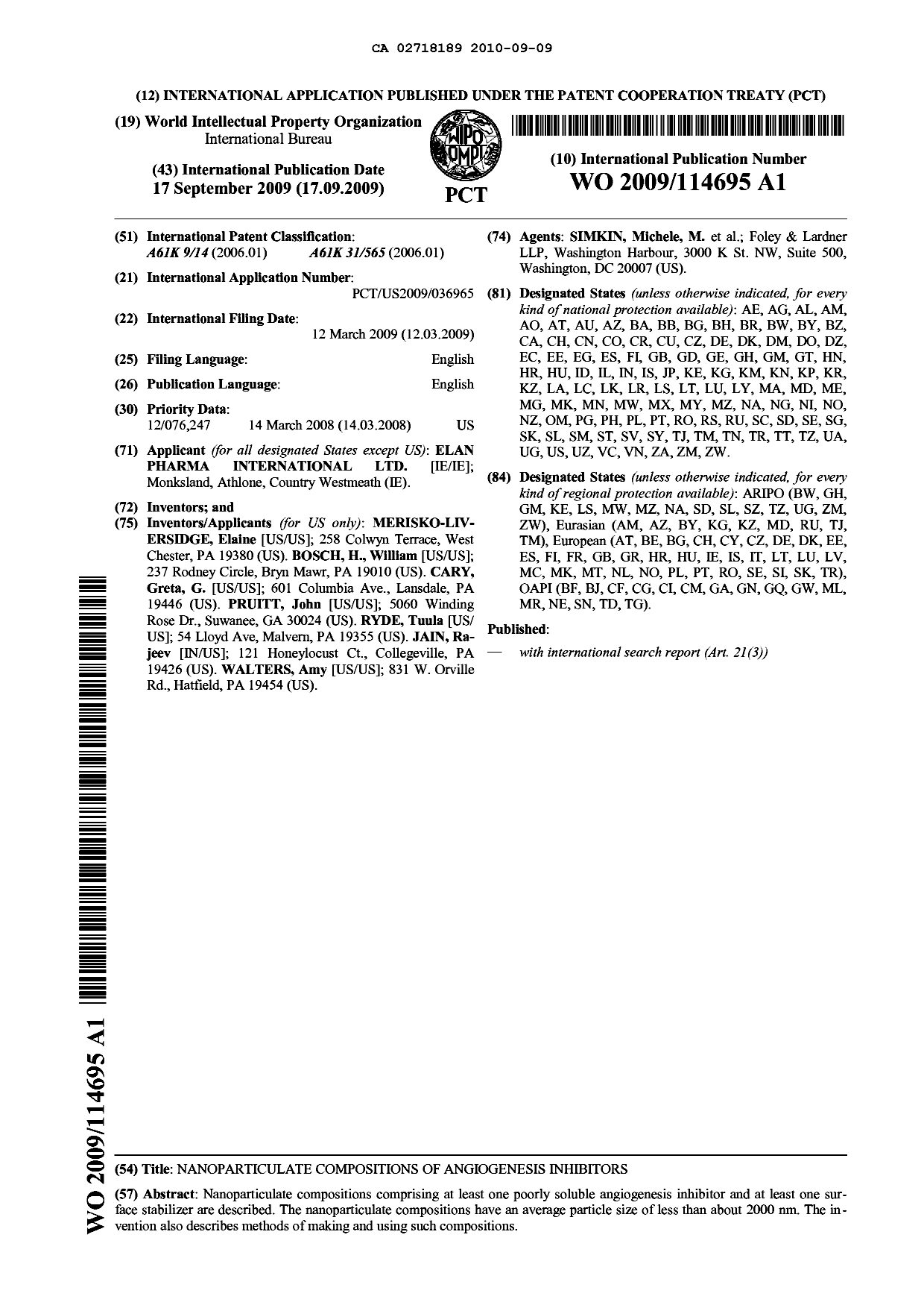 Document de brevet canadien 2718189. Abrégé 20100909. Image 1 de 1