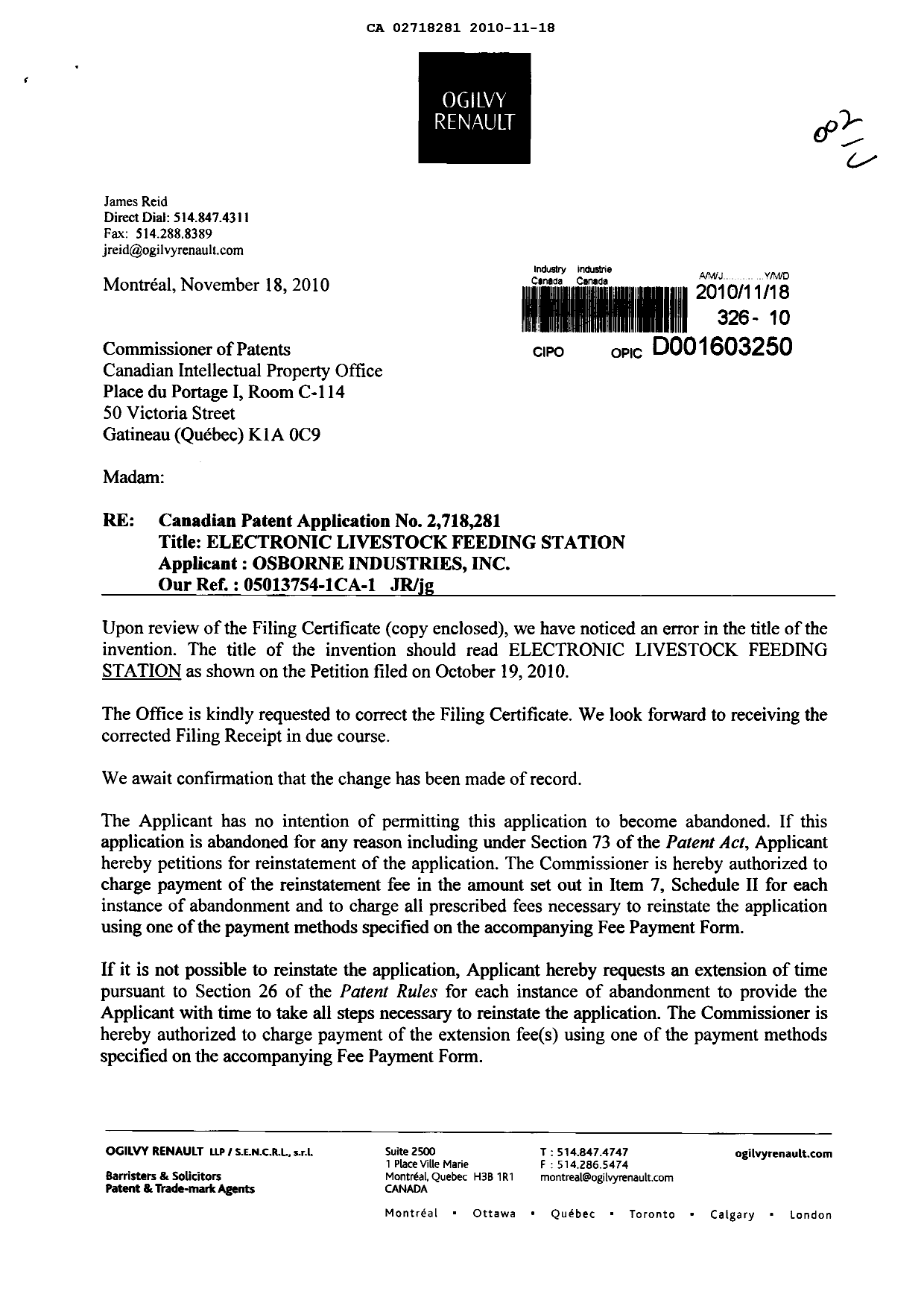 Document de brevet canadien 2718281. Correspondance 20101118. Image 1 de 3