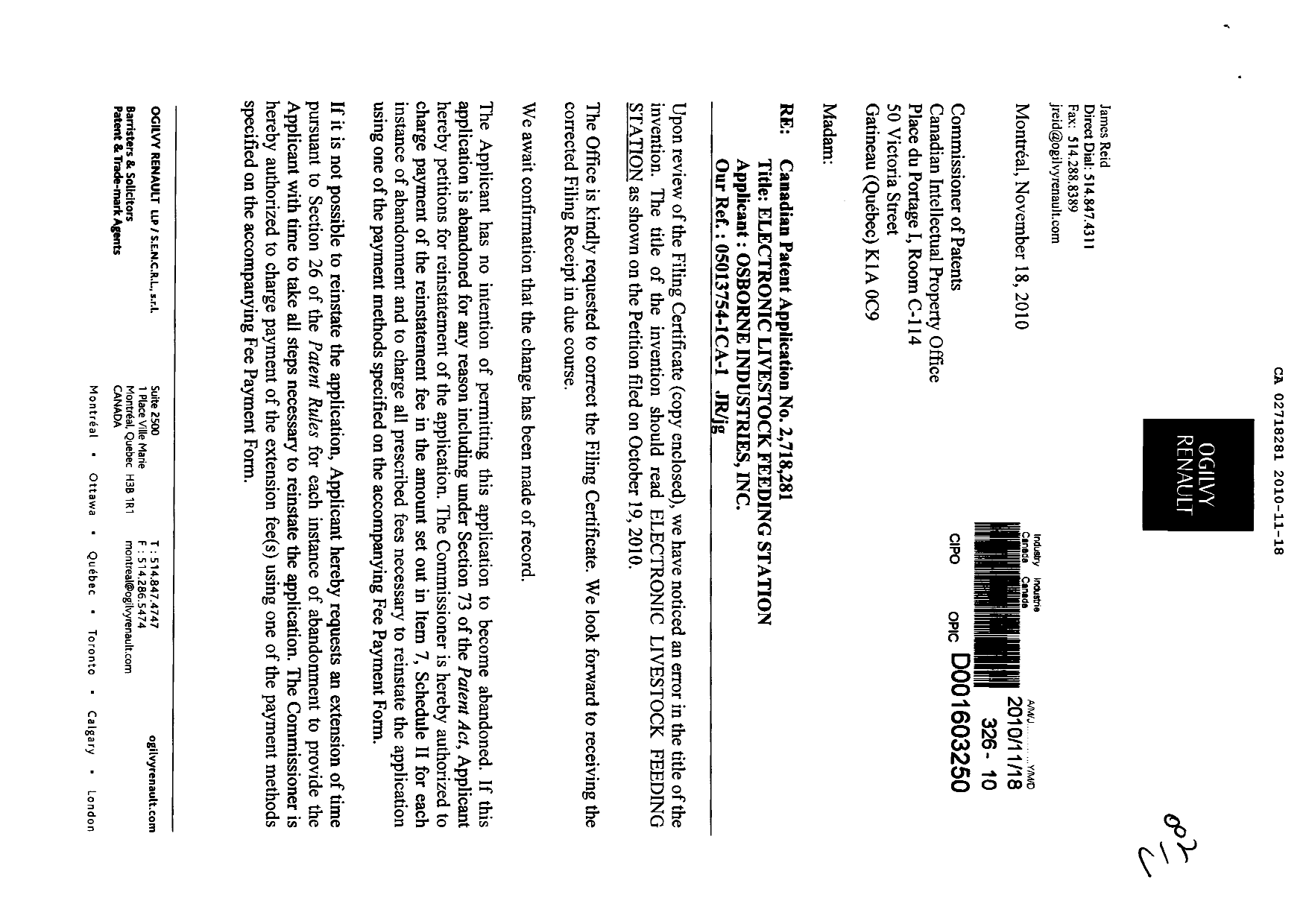 Canadian Patent Document 2718281. Correspondence 20101118. Image 1 of 3
