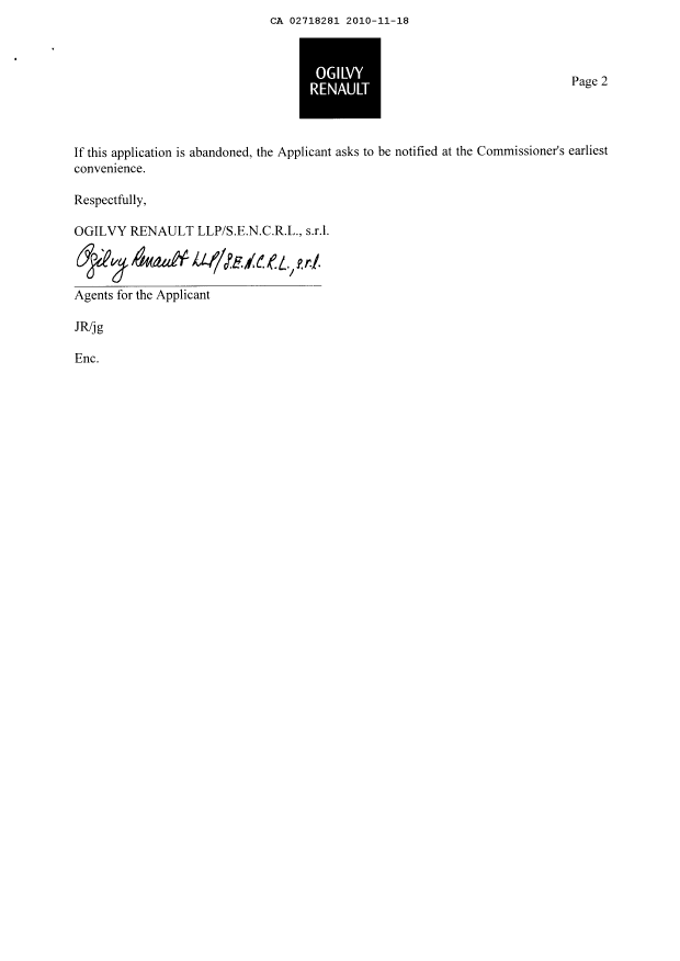 Document de brevet canadien 2718281. Correspondance 20101118. Image 2 de 3