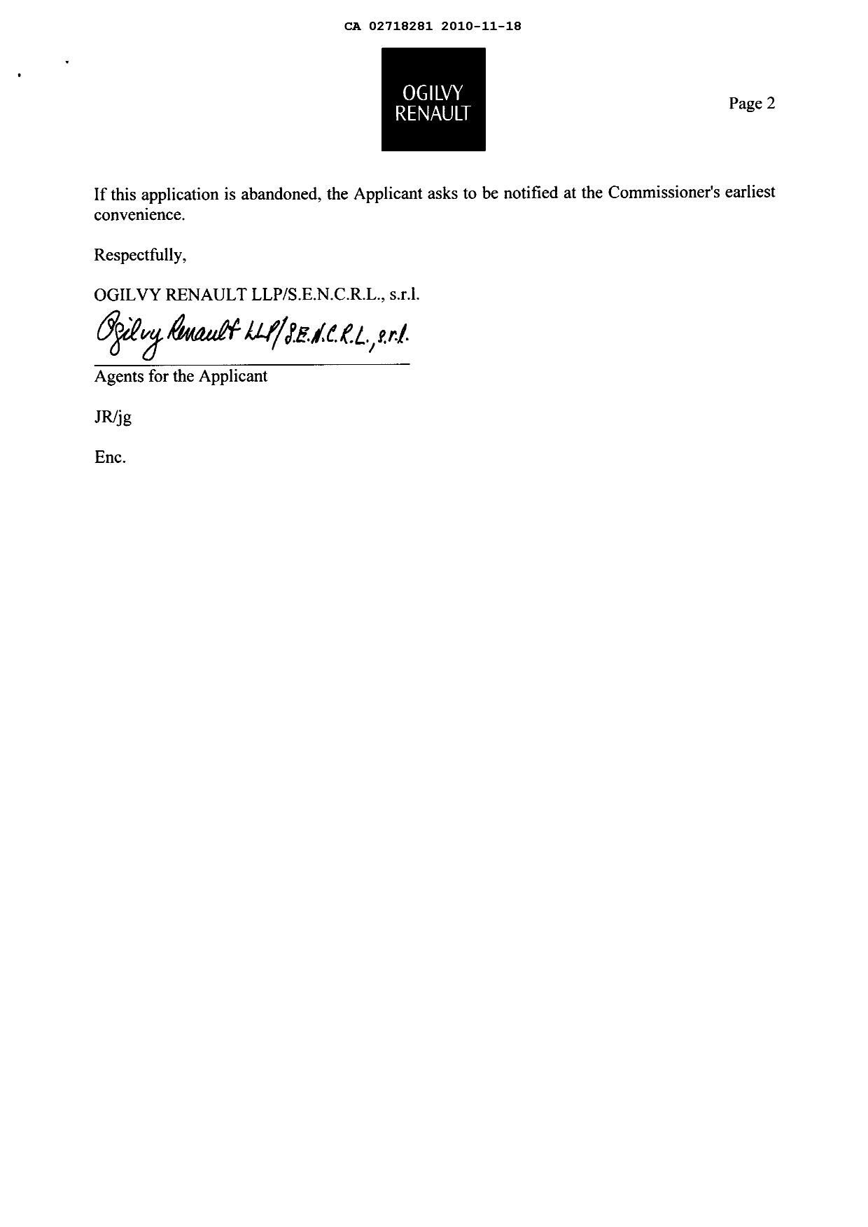 Canadian Patent Document 2718281. Correspondence 20101118. Image 2 of 3