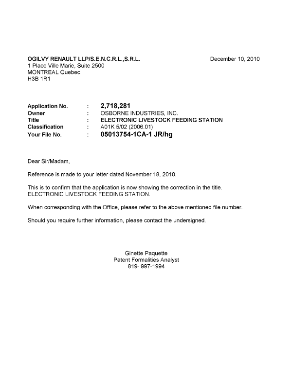 Canadian Patent Document 2718281. Correspondence 20101210. Image 1 of 1