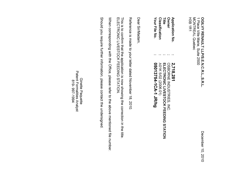 Document de brevet canadien 2718281. Correspondance 20101210. Image 1 de 1