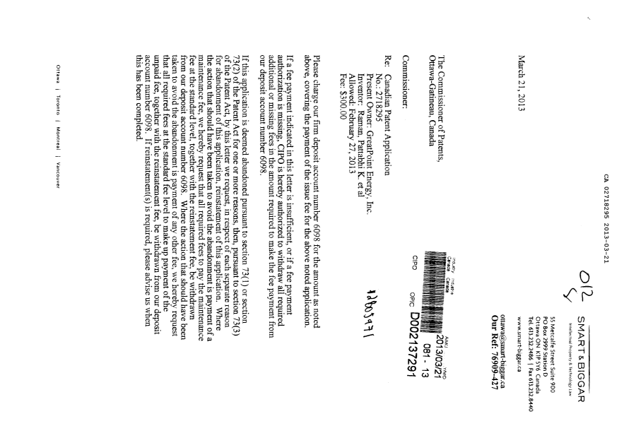 Document de brevet canadien 2718295. Correspondance 20130321. Image 1 de 2