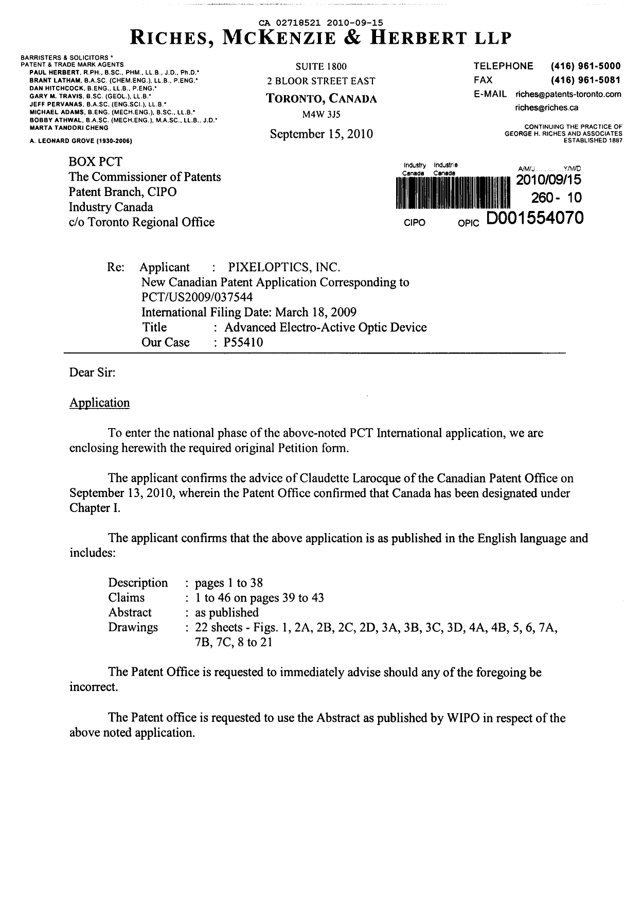 Document de brevet canadien 2718521. Cession 20100915. Image 1 de 17