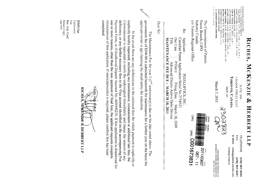 Document de brevet canadien 2718521. Taxes 20110307. Image 1 de 1