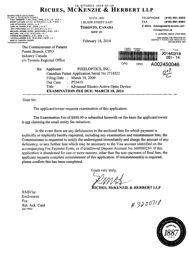 Canadian Patent Document 2718521. Prosecution-Amendment 20140218. Image 1 of 1