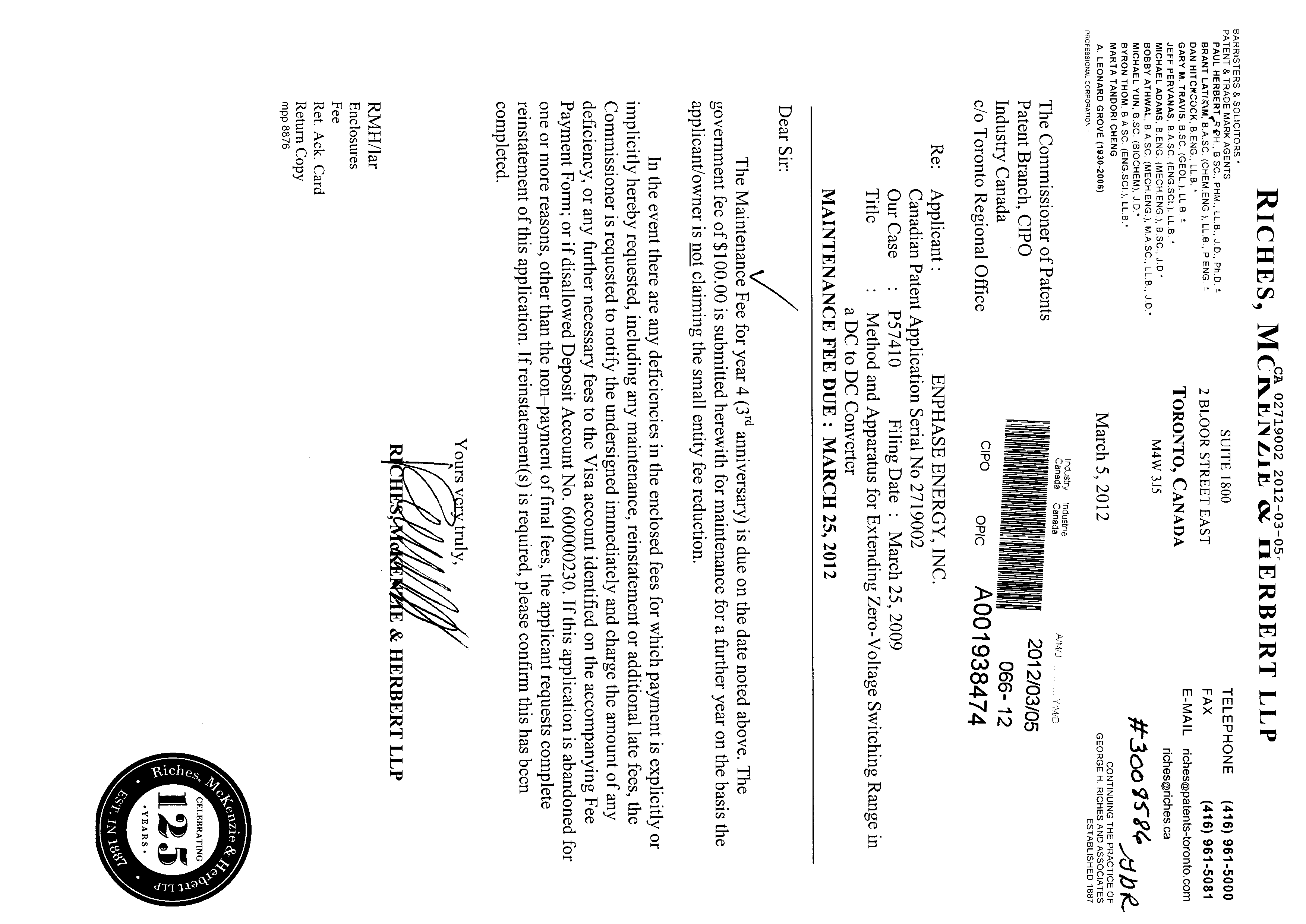 Document de brevet canadien 2719002. Taxes 20111205. Image 1 de 1