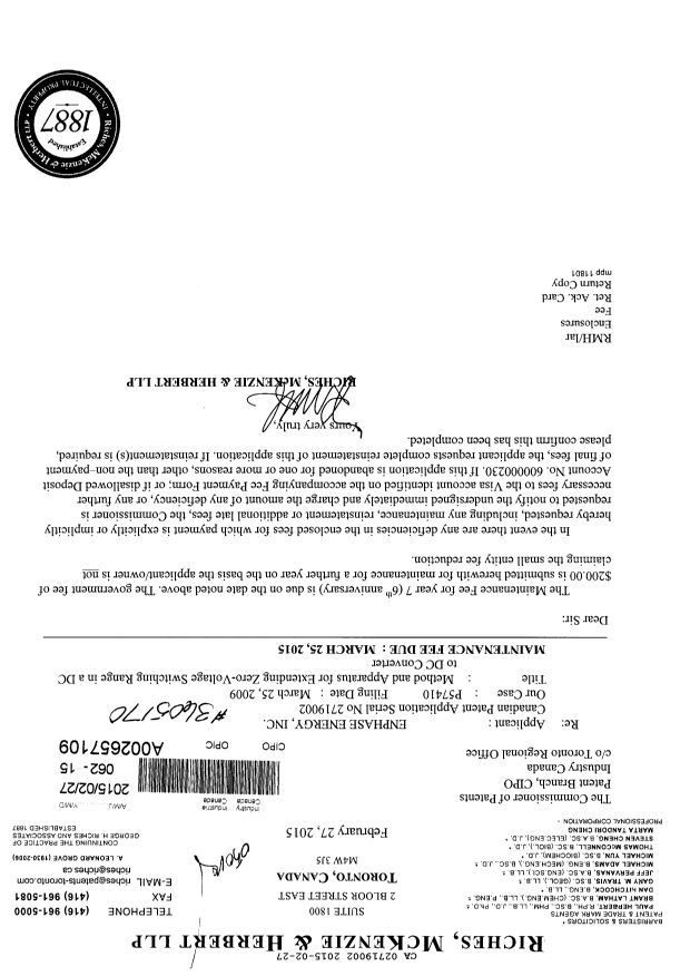 Document de brevet canadien 2719002. Taxes 20141227. Image 1 de 1