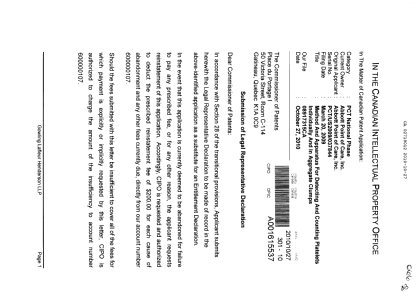 Canadian Patent Document 2719012. Correspondence 20101027. Image 1 of 3