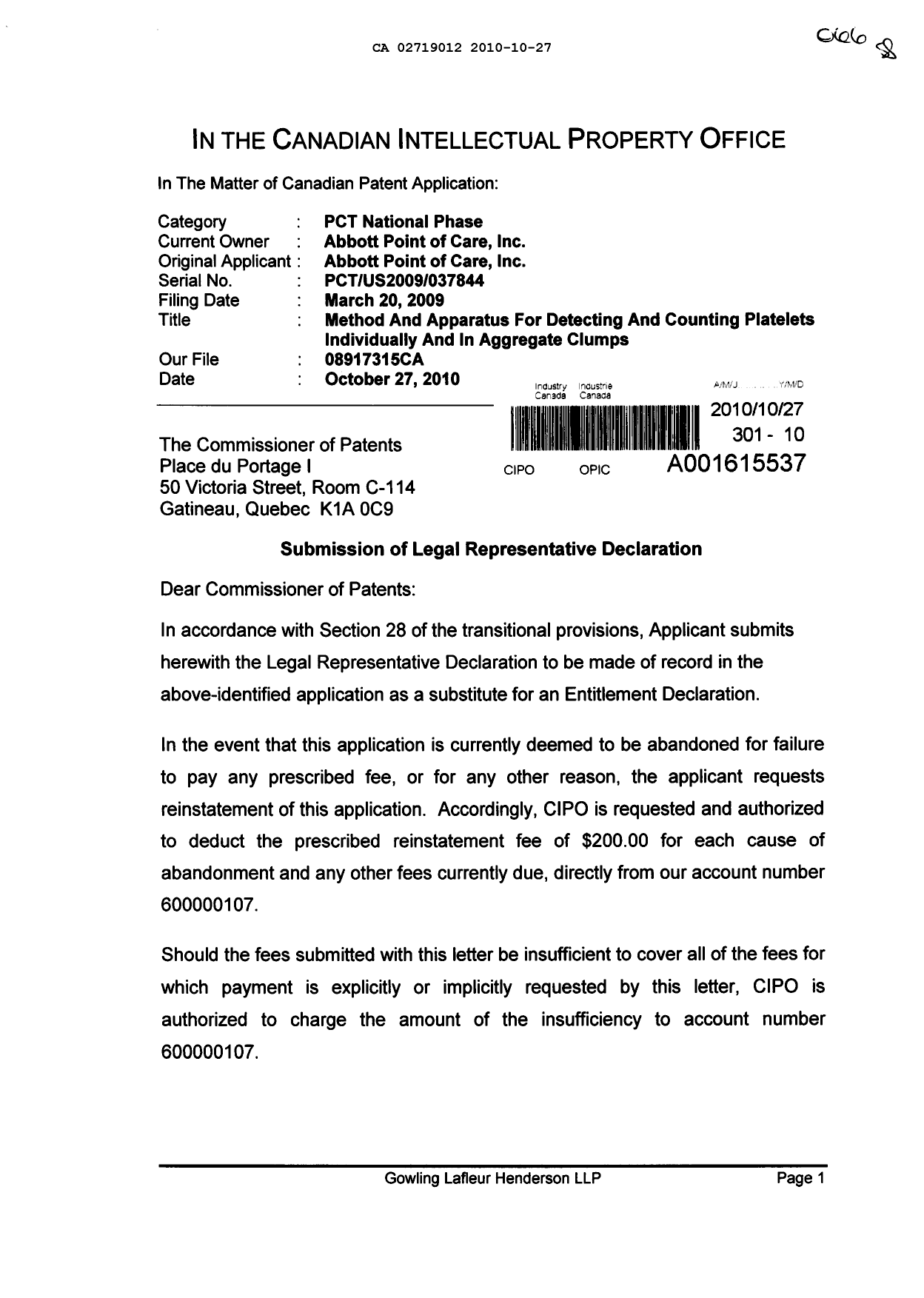 Document de brevet canadien 2719012. Correspondance 20101027. Image 1 de 3