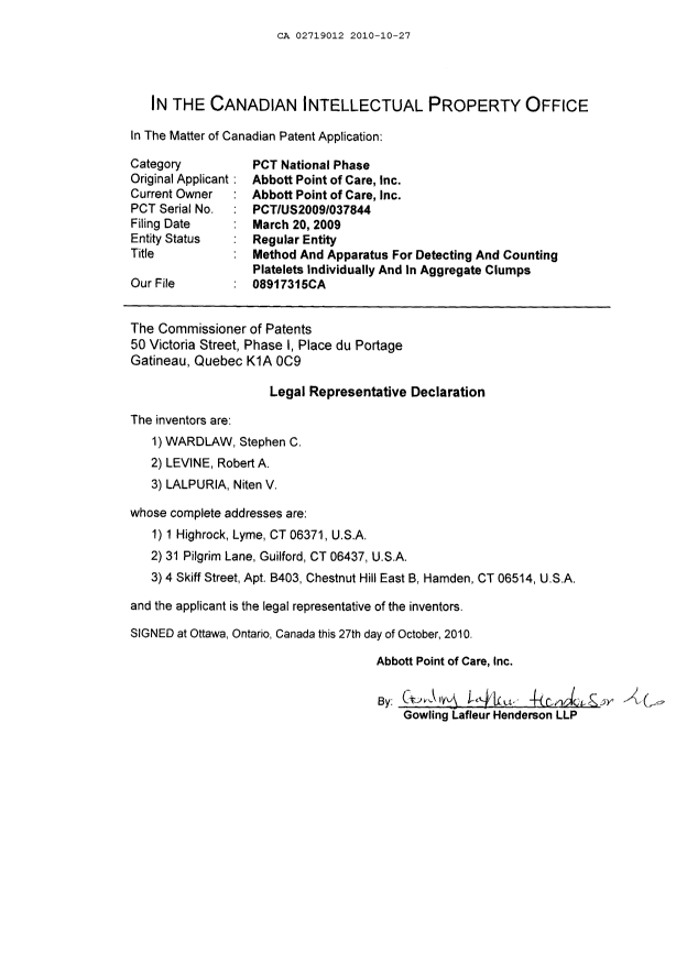 Document de brevet canadien 2719012. Correspondance 20101027. Image 3 de 3