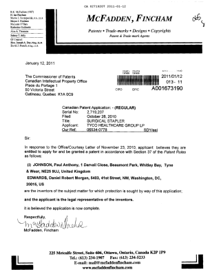 Document de brevet canadien 2719207. Correspondance 20110112. Image 1 de 1