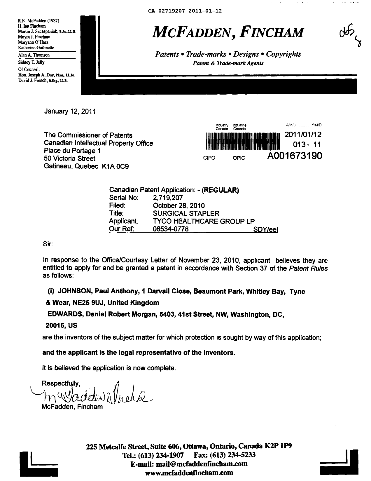 Document de brevet canadien 2719207. Correspondance 20110112. Image 1 de 1