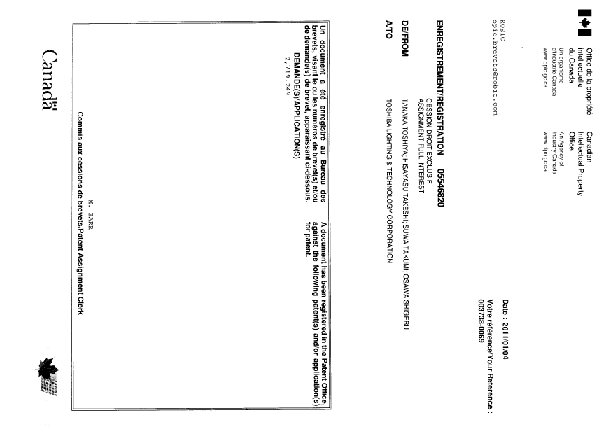 Document de brevet canadien 2719249. Correspondance 20110104. Image 1 de 1