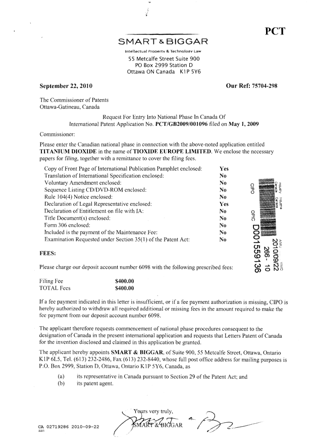 Canadian Patent Document 2719286. Assignment 20100922. Image 1 of 2