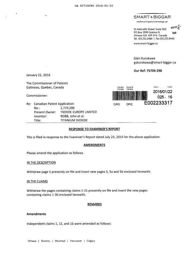 Document de brevet canadien 2719286. Modification 20160122. Image 1 de 15