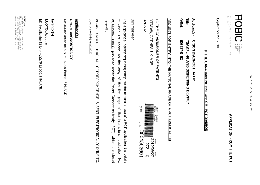 Document de brevet canadien 2719813. Cession 20100927. Image 1 de 6