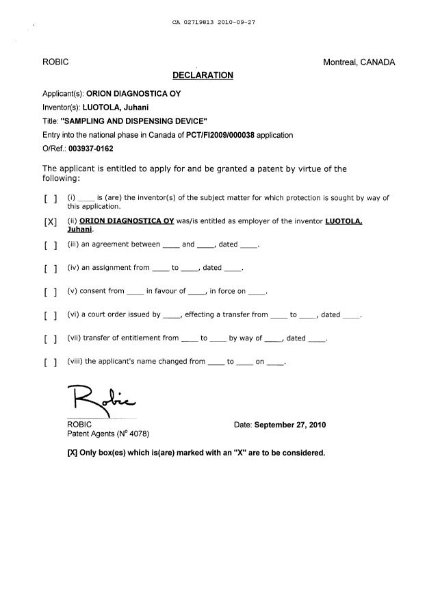 Document de brevet canadien 2719813. Cession 20100927. Image 6 de 6