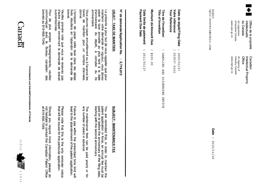 Document de brevet canadien 2719813. Correspondance 20101130. Image 1 de 1