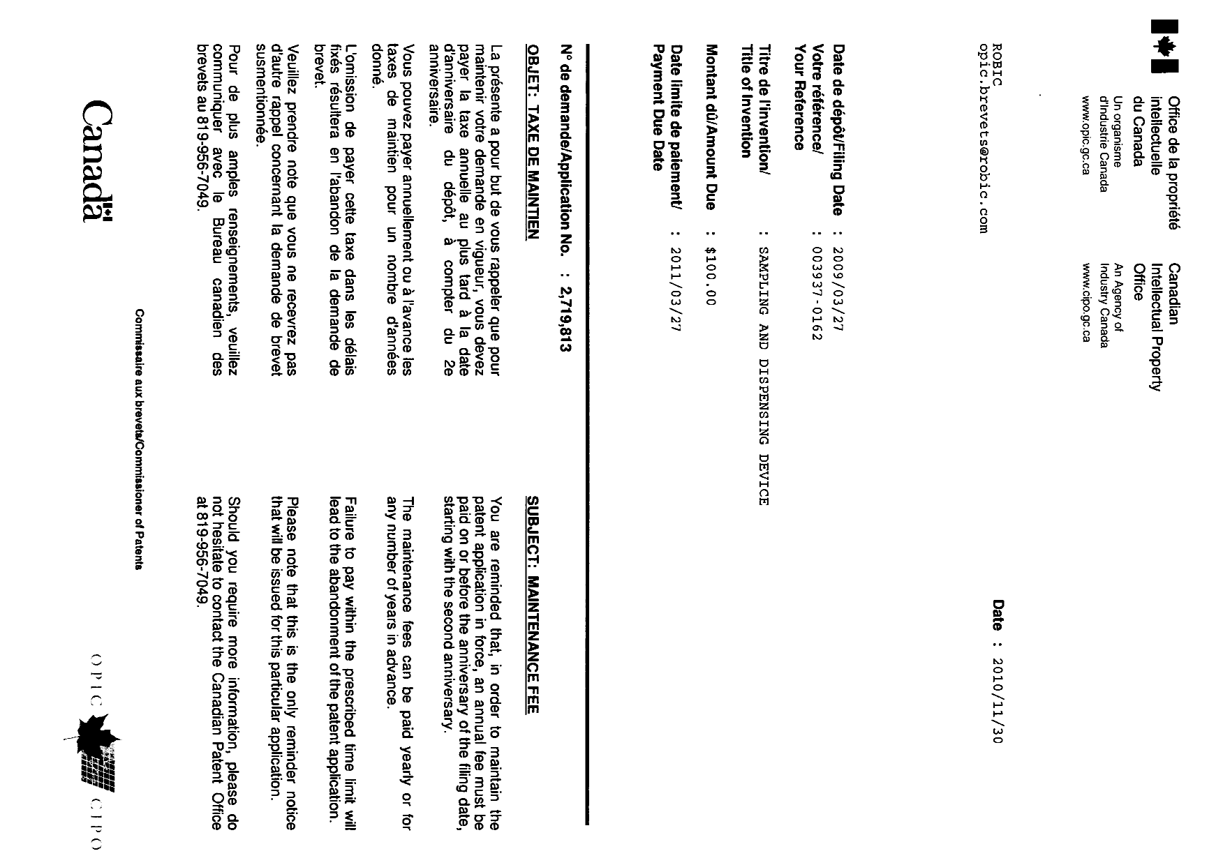 Canadian Patent Document 2719813. Correspondence 20101130. Image 1 of 1