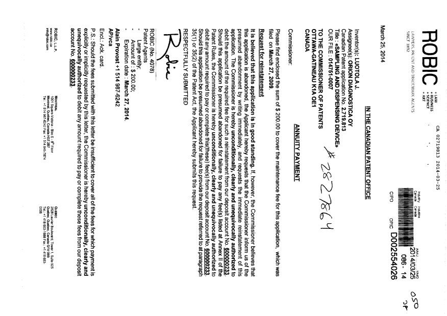 Document de brevet canadien 2719813. Taxes 20140325. Image 1 de 1