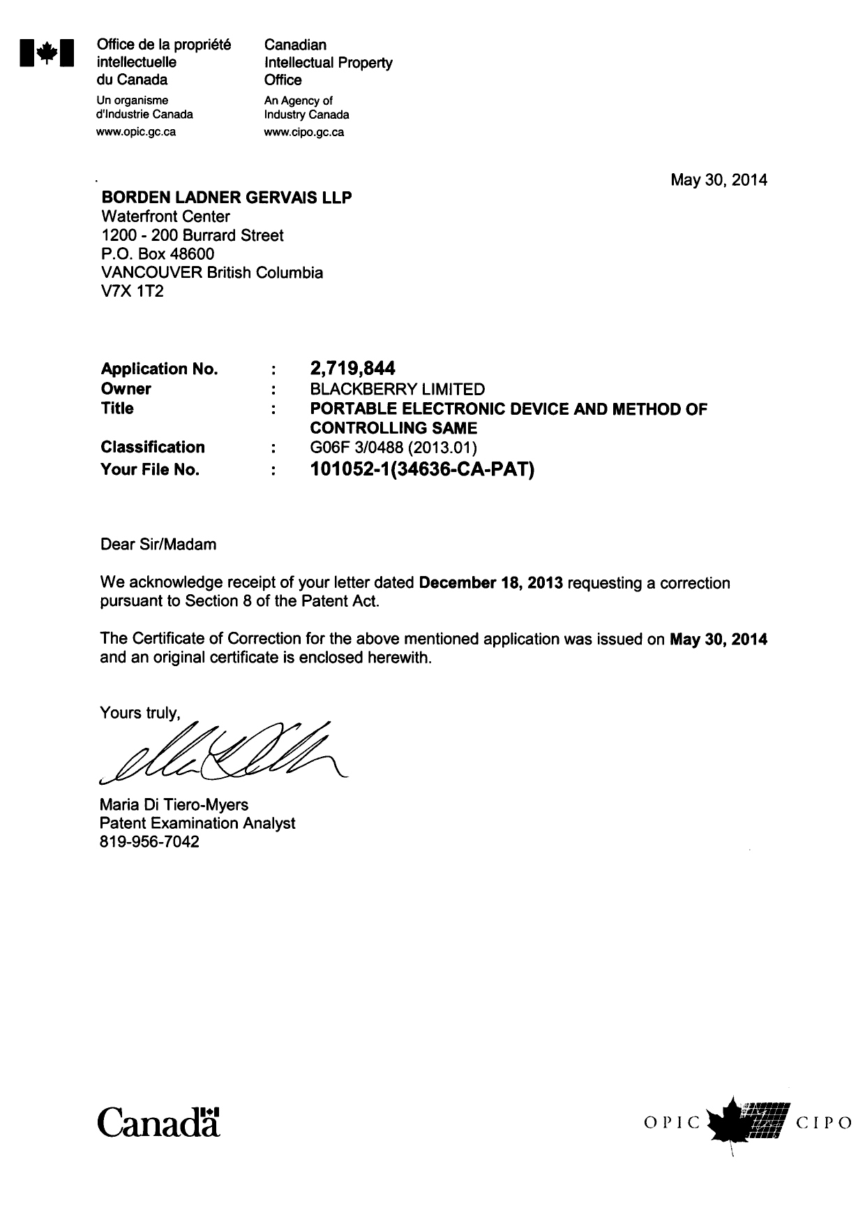 Document de brevet canadien 2719844. Poursuite-Amendment 20140530. Image 1 de 2