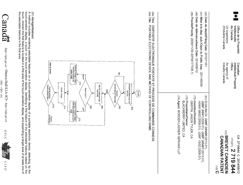 Document de brevet canadien 2719844. Page couverture 20140723. Image 1 de 1
