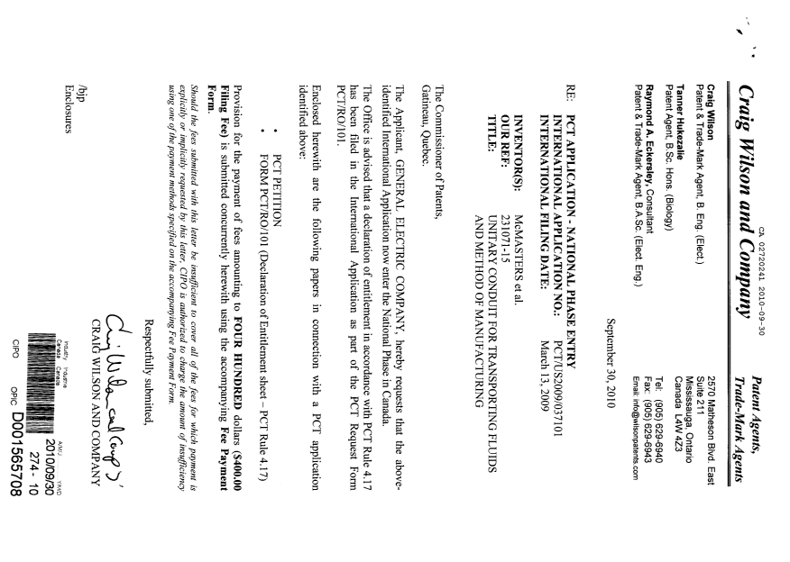 Document de brevet canadien 2720241. Cession 20100930. Image 1 de 3