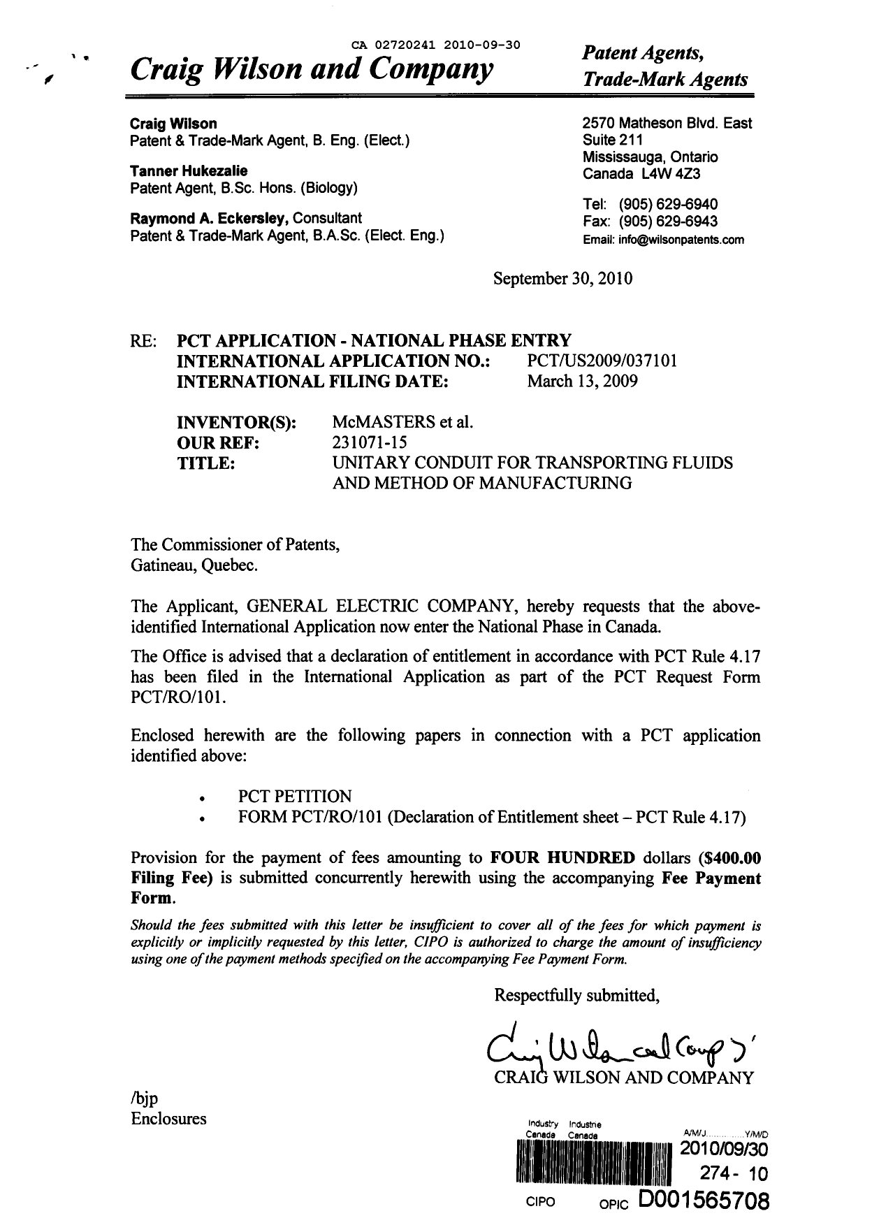 Document de brevet canadien 2720241. Cession 20100930. Image 1 de 3