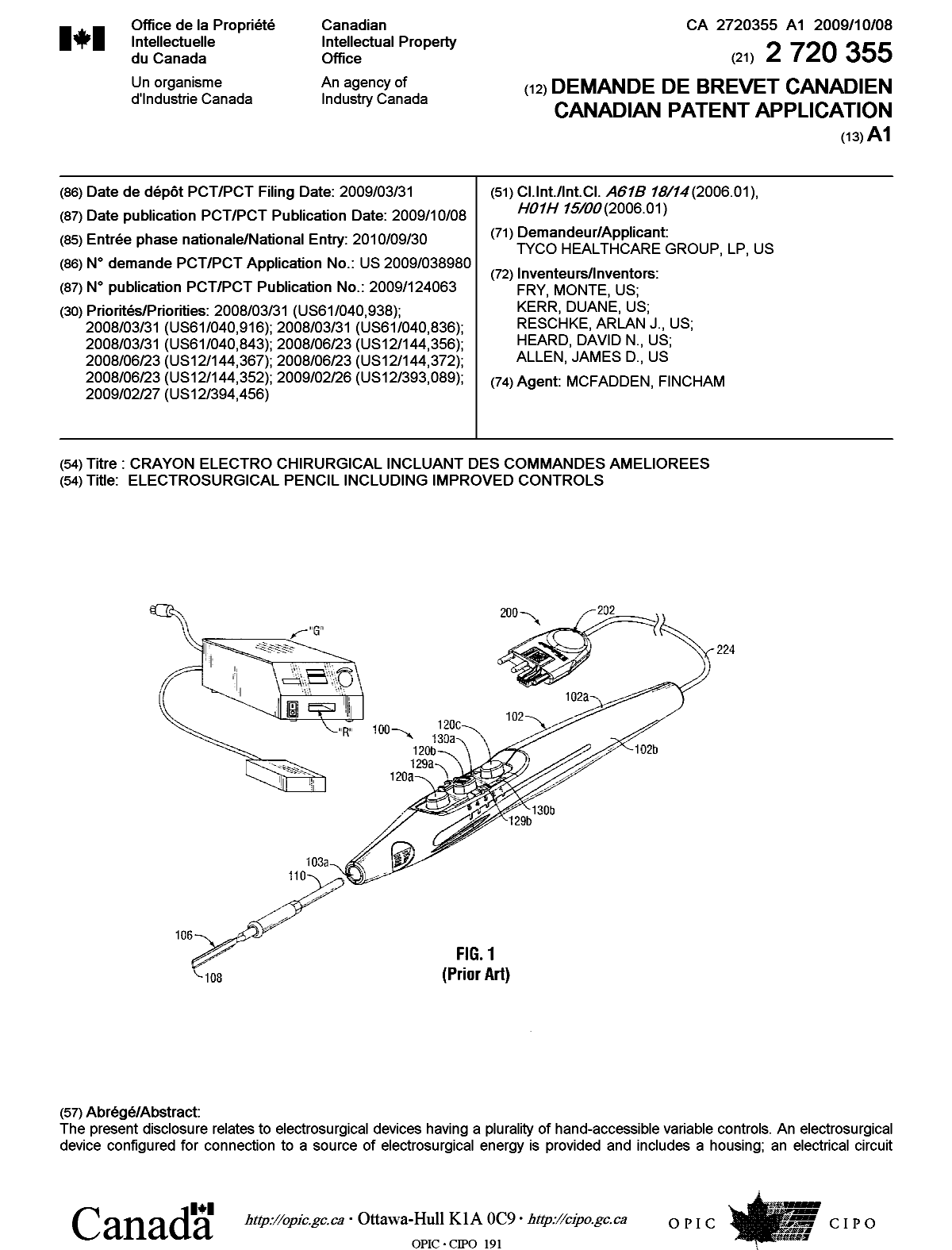Document de brevet canadien 2720355. Page couverture 20110104. Image 1 de 2