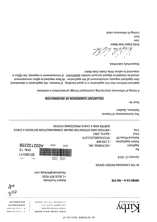 Canadian Patent Document 2720409. Prosecution-Amendment 20130117. Image 1 of 1