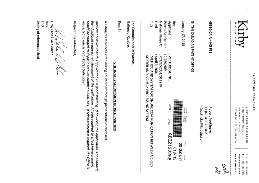 Document de brevet canadien 2720409. Poursuite-Amendment 20130117. Image 1 de 1