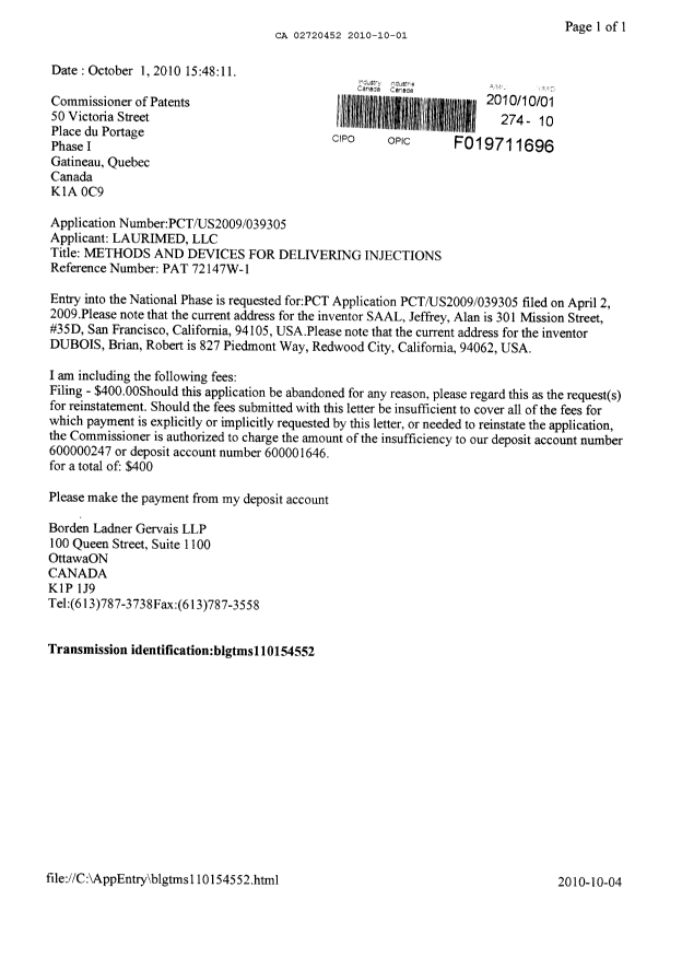 Document de brevet canadien 2720452. Cession 20101001. Image 1 de 5