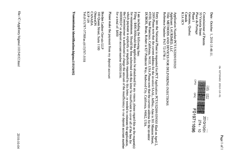 Document de brevet canadien 2720452. Cession 20101001. Image 1 de 5