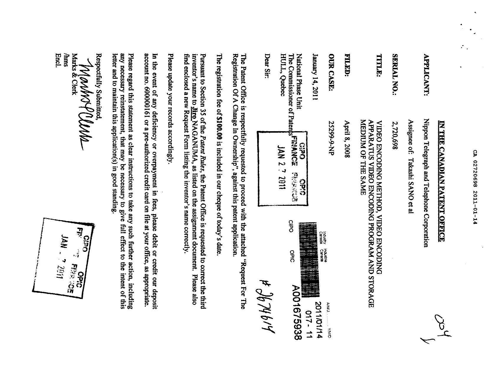 Canadian Patent Document 2720698. Assignment 20110114. Image 1 of 6