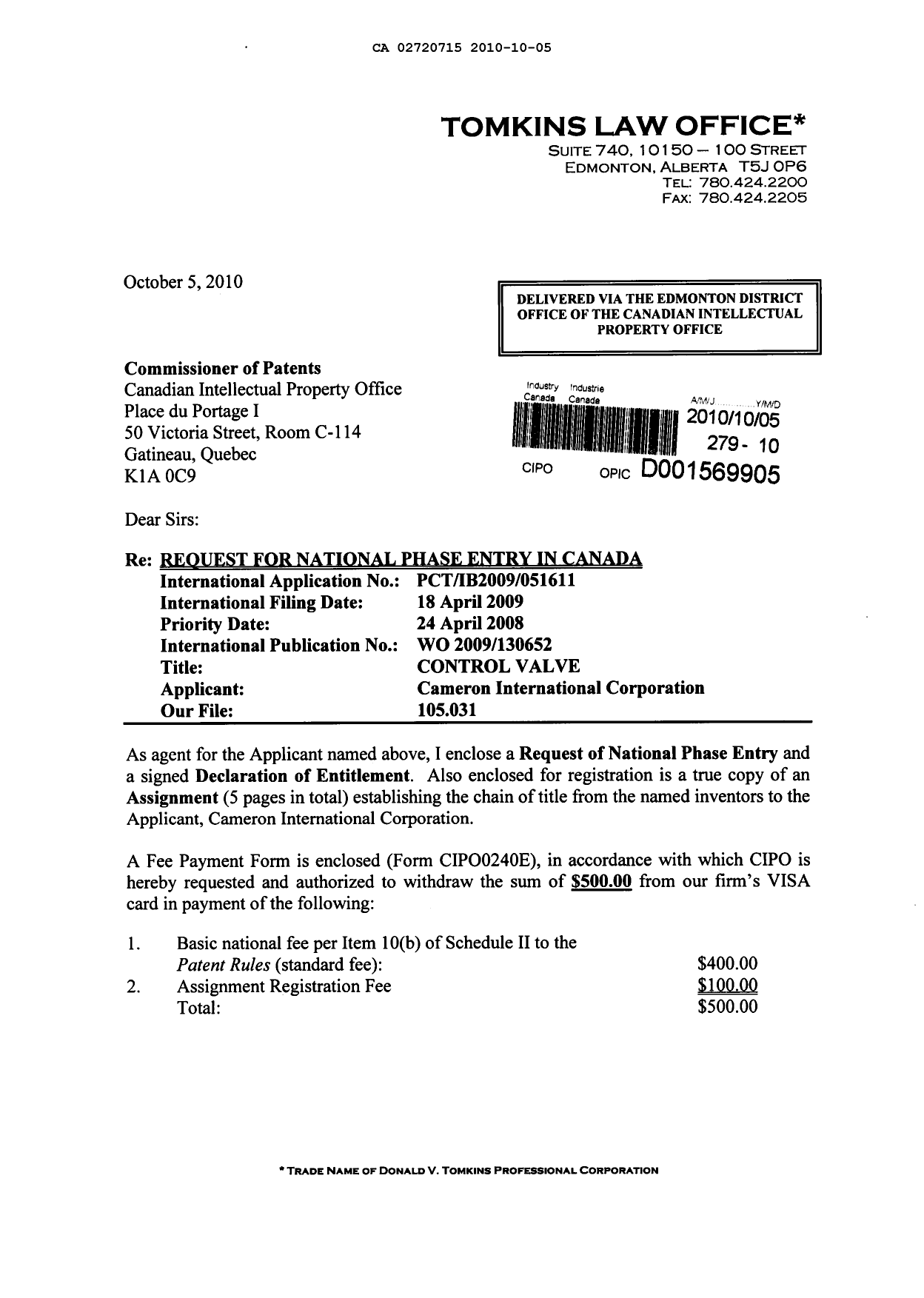 Document de brevet canadien 2720715. Cession 20101005. Image 1 de 9