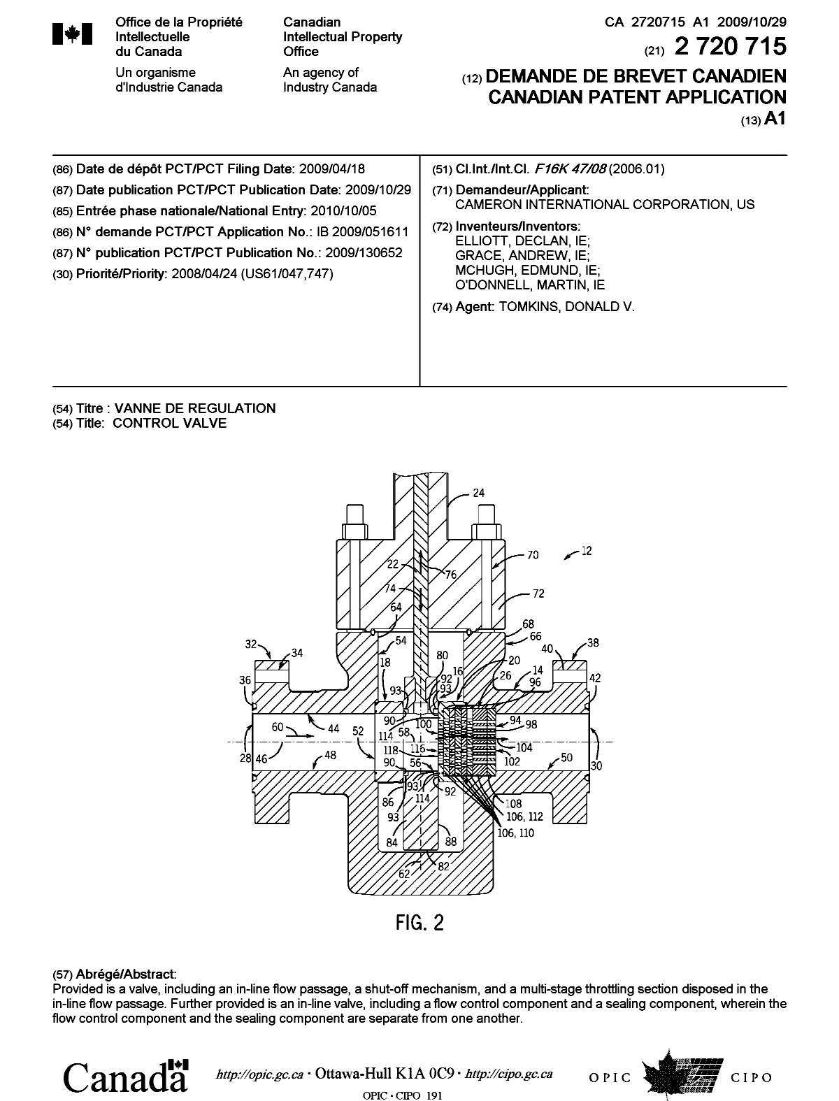Document de brevet canadien 2720715. Page couverture 20110106. Image 1 de 1
