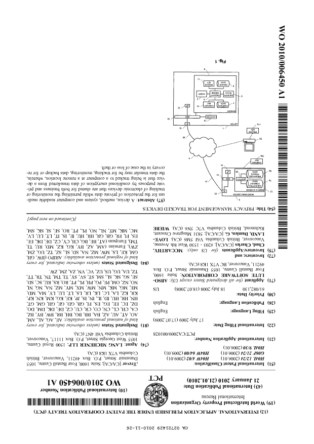 Document de brevet canadien 2721429. Abrégé 20091226. Image 1 de 2