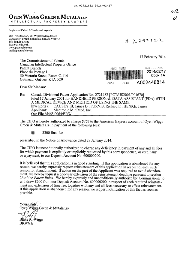 Document de brevet canadien 2721482. Correspondance 20131217. Image 1 de 1