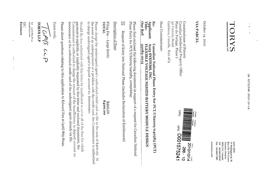 Document de brevet canadien 2721548. Cession 20101014. Image 1 de 2