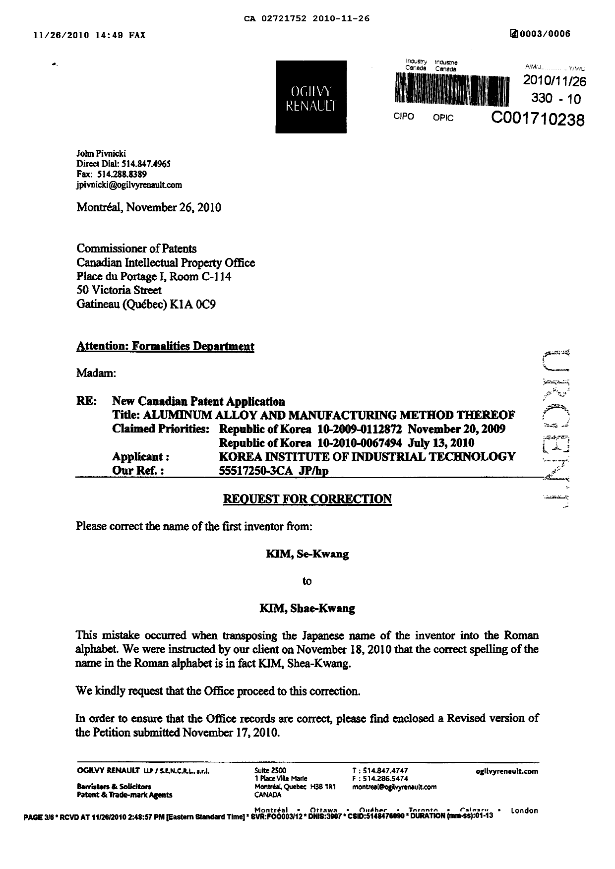 Document de brevet canadien 2721752. Correspondance 20101126. Image 1 de 2
