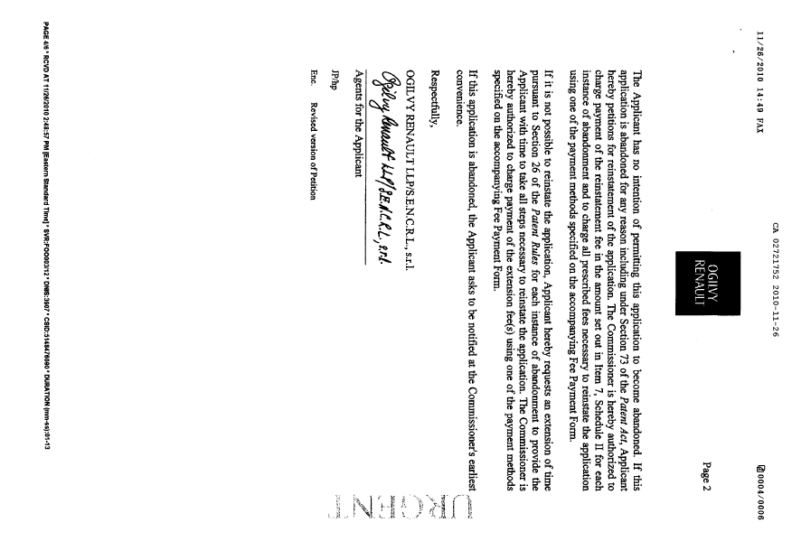 Canadian Patent Document 2721752. Correspondence 20101126. Image 2 of 2
