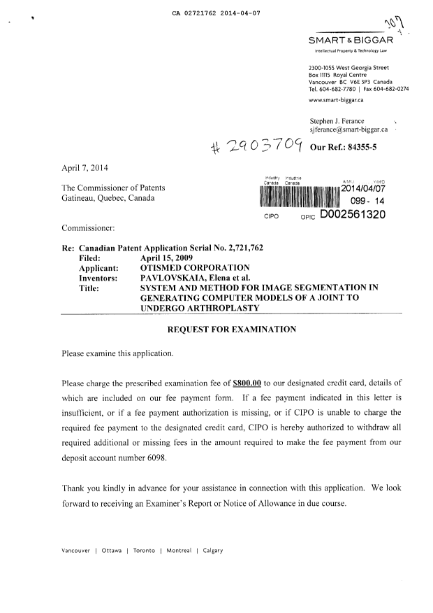 Document de brevet canadien 2721762. Poursuite-Amendment 20131207. Image 1 de 2